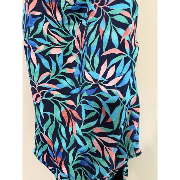 Lands End Womens Swimsuit One Piece V Neck Halter Size 14 Blue Leaf - Picture 6 of 6
